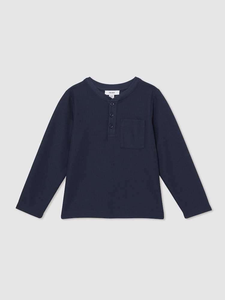 Reiss Navy David Cotton-Blend Waffle Henley T-Shirt - Image 2 of 4