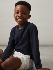 Reiss Navy David Cotton-Blend Waffle Henley T-Shirt - Image 3 of 4