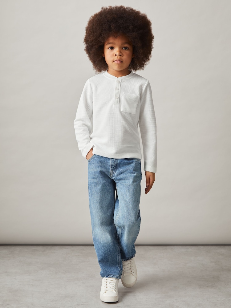 Reiss White David 9-13 yrs Cotton-Blend Waffle Henley T-Shirt - Image 1 of 4 Reiss White David 9-13 yrs Cotton-Blend Waffle Henley T-Shirt - Image 1 of 4