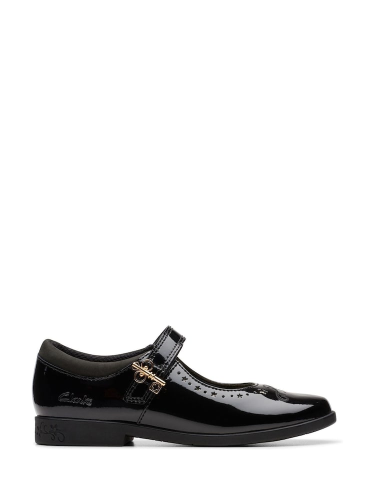 Clarks Black Patent Wide Fit (G) Younger Girls Patent Lock Magic Mary Jane School Shoes - Image 1 of 8 Clarks Black Patent Wide Fit (G) Younger Girls Patent Lock Magic Mary Jane School Shoes - Image 1 of 8