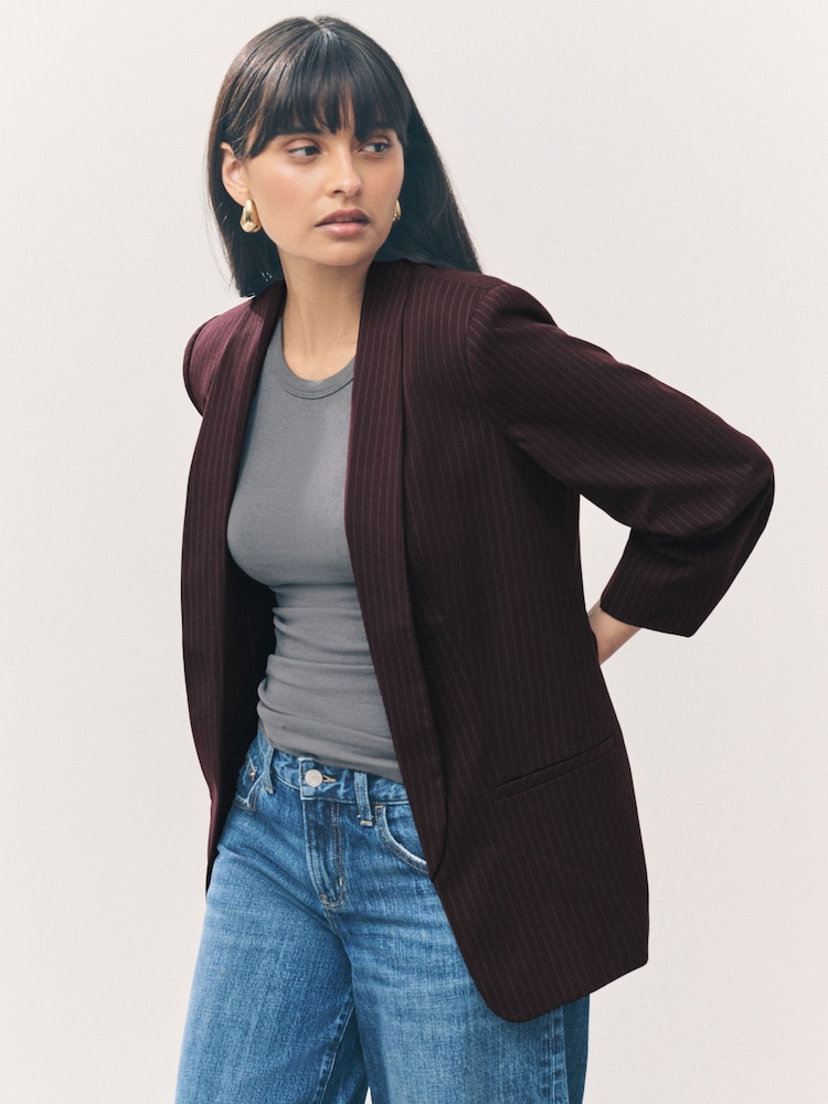 Burgundy Striped Relaxed Ruched Sleeve Blazer - Image 1 of 9