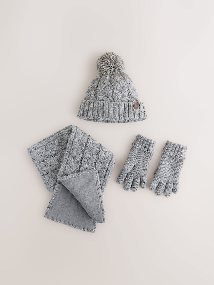 Grey Cable Knit Hat Gloves & Scarf 3 Piece Set (3-16yrs) - Image 1 of 4 Grey Cable Knit Hat Gloves & Scarf 3 Piece Set (3-16yrs) - Image 1 of 4