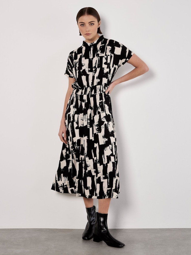 Apricot Black Square Brushstrokes Utility Dress - Image 1 of 4