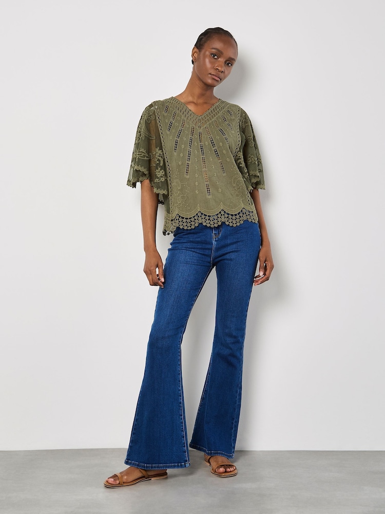 Apricot Green Lace Detail 100% Cotton Embroidered Mesh Top - Image 1 of 4