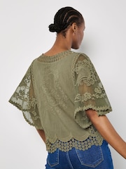 Apricot Green Lace Detail 100% Cotton Embroidered Mesh Top - Image 2 of 4