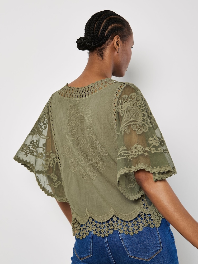 Apricot Green Lace Detail 100% Cotton Embroidered Mesh Top - Image 2 of 4