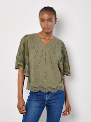 Apricot Green Lace Detail 100% Cotton Embroidered Mesh Top - Image 3 of 4
