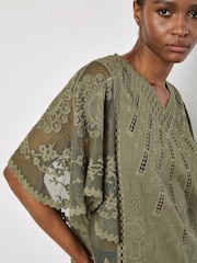 Apricot Green Lace Detail 100% Cotton Embroidered Mesh Top - Image 4 of 4