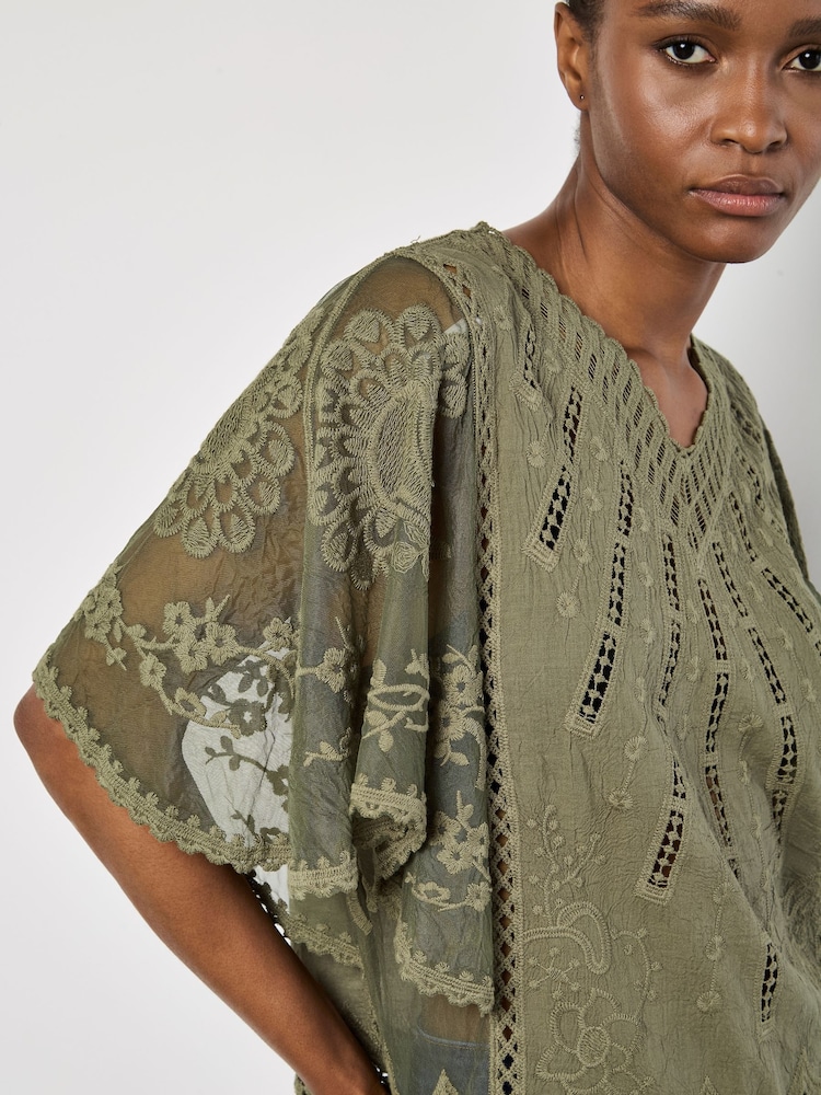 Apricot Green Lace Detail 100% Cotton Embroidered Mesh Top - Image 4 of 4