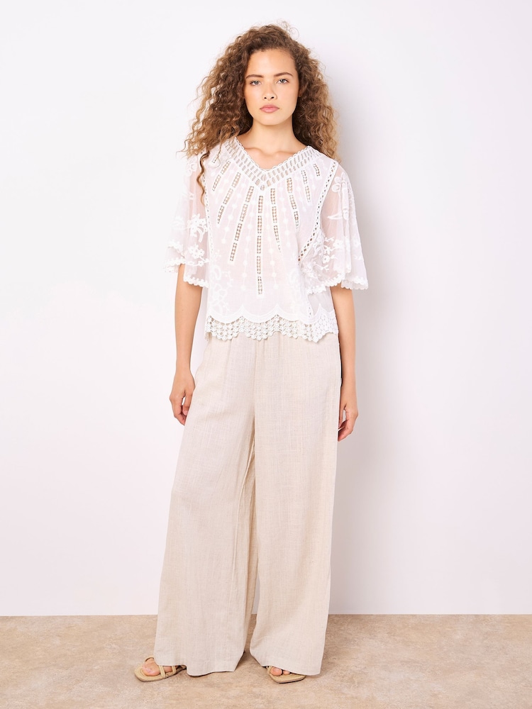 Apricot White Lace Detail 100% Cotton Embroidered Mesh Top - Image 1 of 4