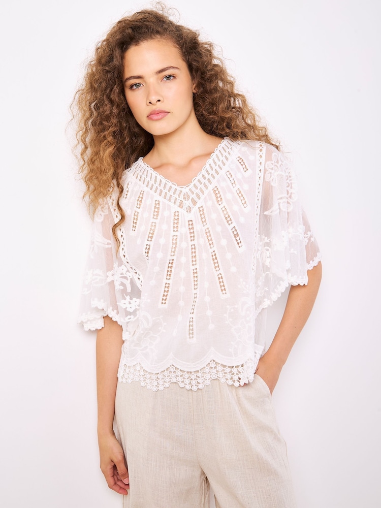 Apricot White Lace Detail 100% Cotton Embroidered Mesh Top - Image 2 of 4