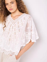 Apricot White Lace Detail 100% Cotton Embroidered Mesh Top - Image 4 of 4