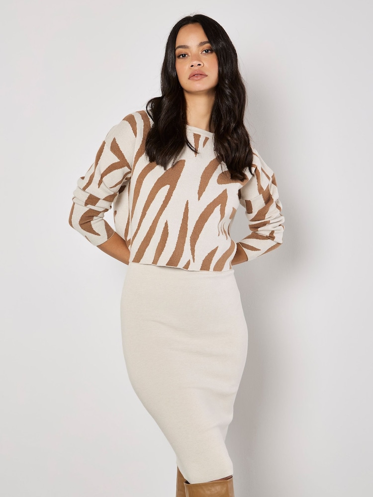 Apricot Cream Zebra Print Jumper Knitted Dress Set - Image 1 of 4 Apricot Cream Zebra Print Jumper Knitted Dress Set - Image 1 of 4