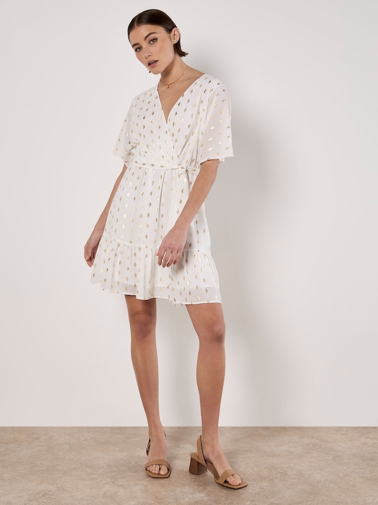 Apricot White Ikat Diamond Foil Wrap Dress - Image 2 of 4 Apricot White Ikat Diamond Foil Wrap Dress - Image 2 of 4