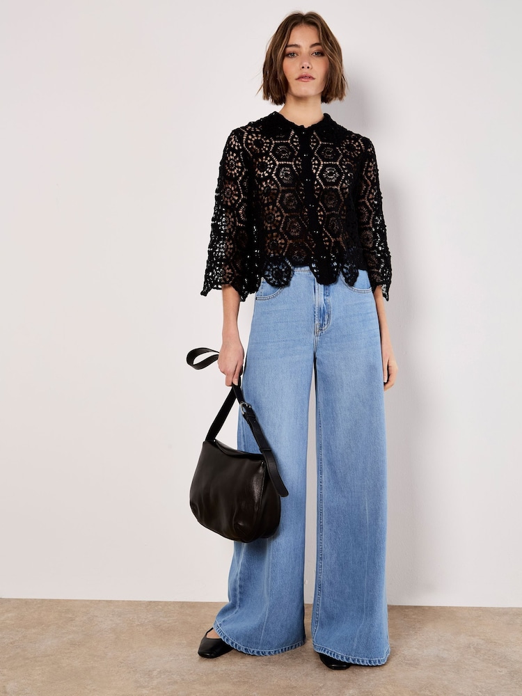 Apricot Black 100% Cotton Crochet Geo 3/4 Sleeve Shirt - Image 1 of 5