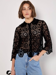 Apricot Black 100% Cotton Crochet Geo 3/4 Sleeve Shirt - Image 2 of 5