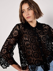 Apricot Black 100% Cotton Crochet Geo 3/4 Sleeve Shirt - Image 3 of 5