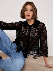 Apricot Black 100% Cotton Crochet Geo 3/4 Sleeve Shirt - Image 5 of 5