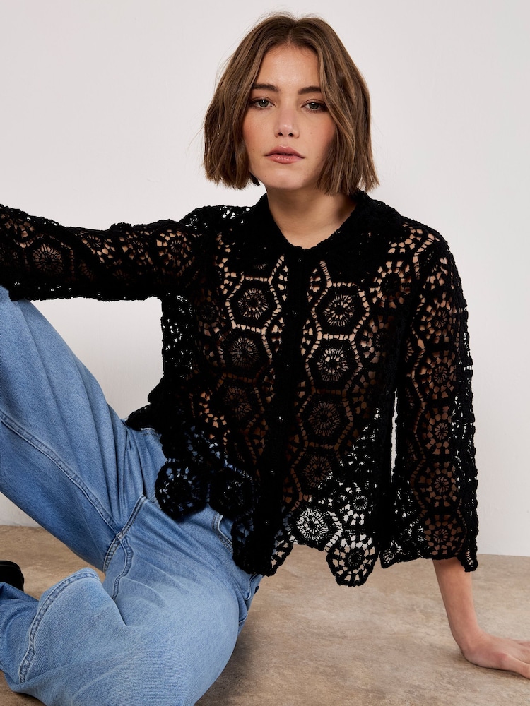 Apricot Black 100% Cotton Crochet Geo 3/4 Sleeve Shirt - Image 5 of 5