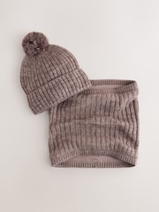 Mocha Brown Pom Beanie Hat & Snood 2 Piece Set (1-16yrs) - Image 1 of 4