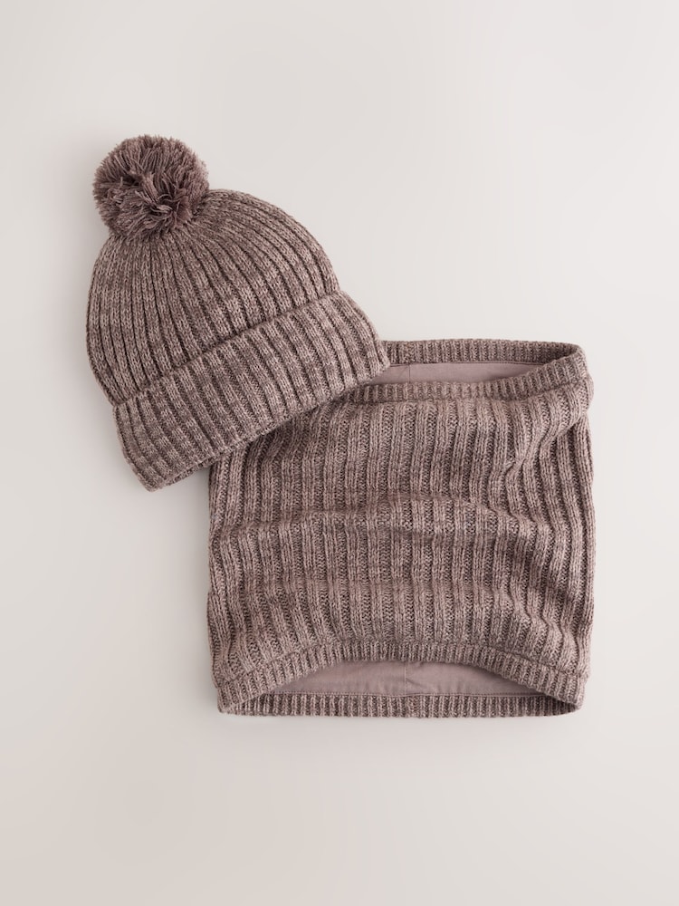 Mocha Brown Pom Beanie Hat & Snood 2 Piece Set (1-16yrs) - Image 1 of 4