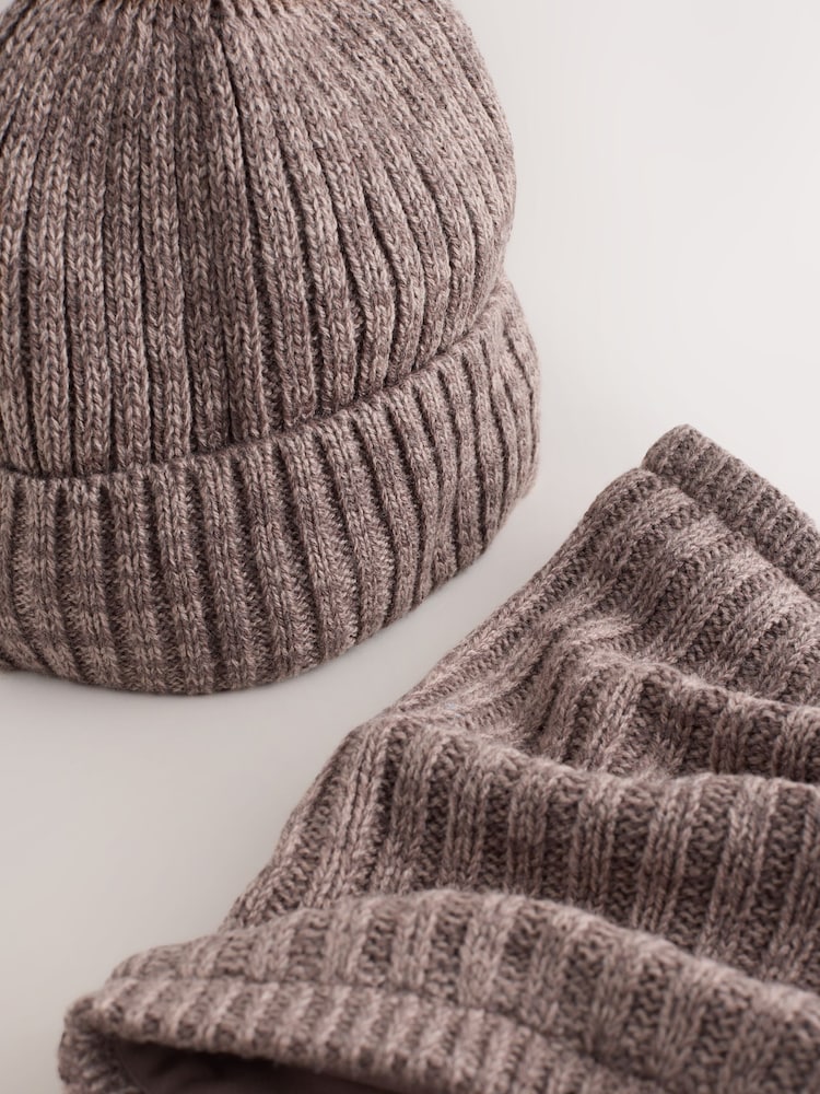 Mocha Brown Pom Beanie Hat & Snood 2 Piece Set (1-16yrs) - Image 4 of 4