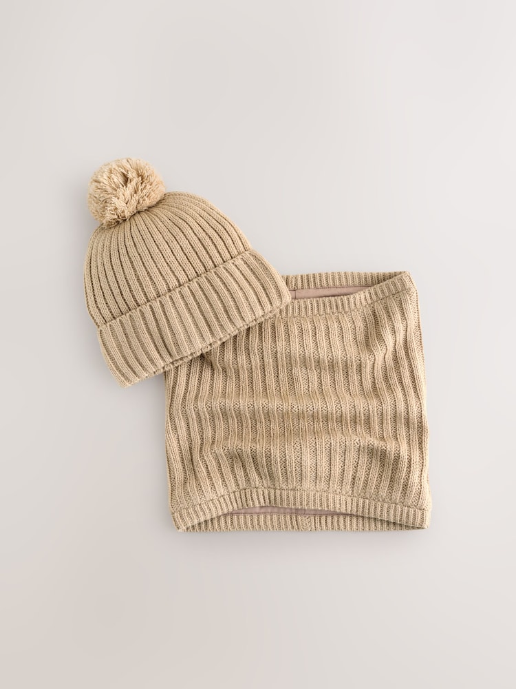 Neutral Pom Beanie Hat & Snood 2 Piece Set (1-16yrs) - Image 1 of 4