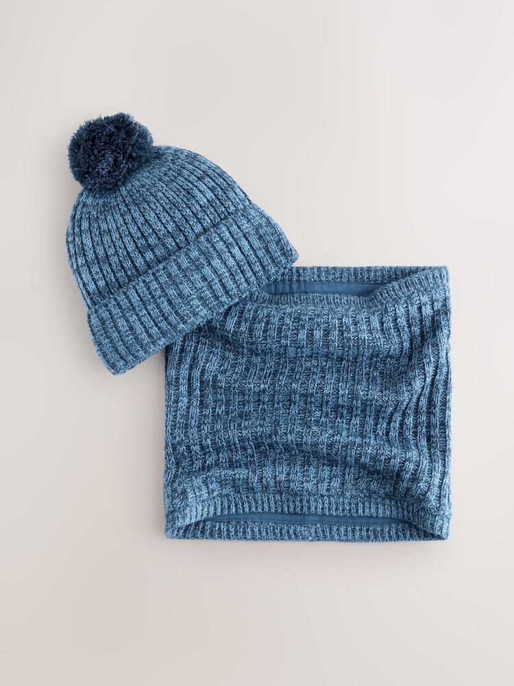Blue Pom Beanie Hat & Snood 2 Piece Set (1-16yrs) - Image 1 of 4