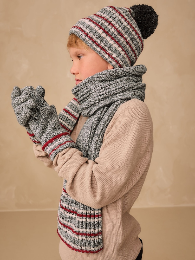 Grey/Red Stripe Hat Scarf & Gloves Set 3 Piece (3-16yrs) - Image 1 of 6