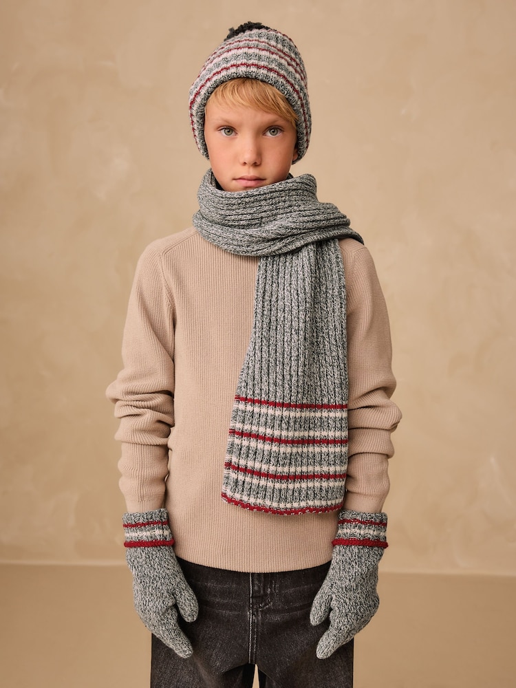 Grey/Red Stripe Hat Scarf & Gloves Set 3 Piece (3-16yrs) - Image 2 of 6