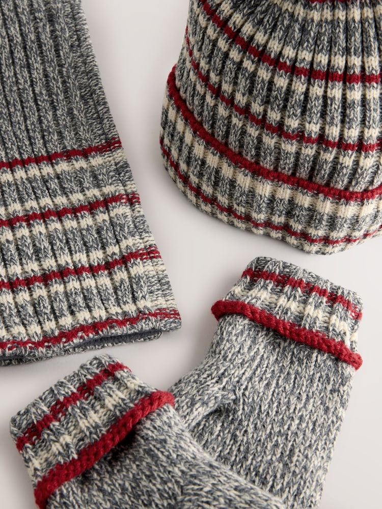 Grey/Red Stripe Hat Scarf & Gloves Set 3 Piece (3-16yrs) - Image 6 of 6