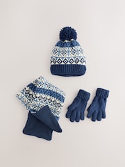 Blue/White Fairisle Hat Scarf & Gloves Set 3 Piece (3-16yrs) - Image 1 of 4