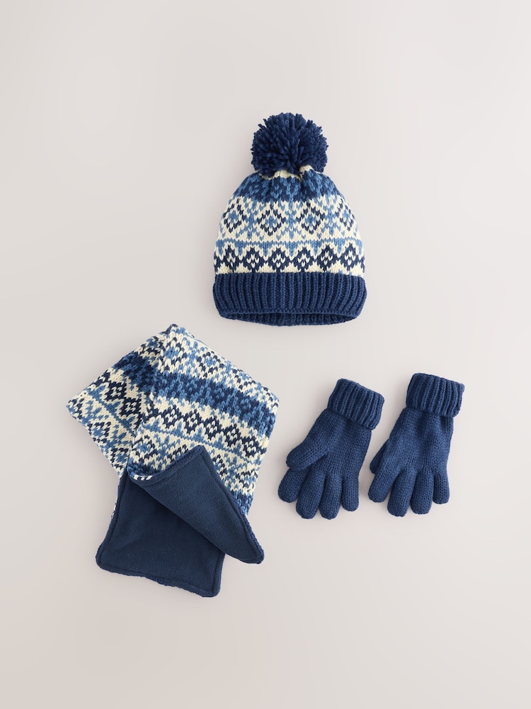 Blue/White Fairisle Hat Scarf & Gloves Set 3 Piece (3-16yrs) - Image 1 of 4