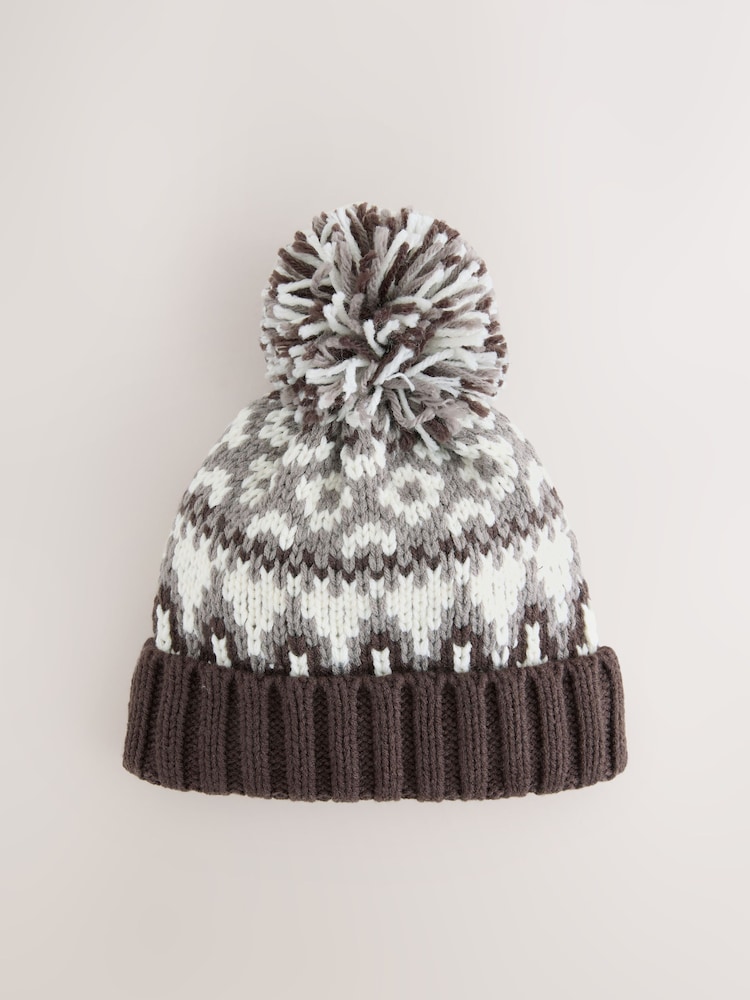 Mocha Brown Fairisle Pom Beanie Hat (3mths-16yrs) - Image 1 of 3