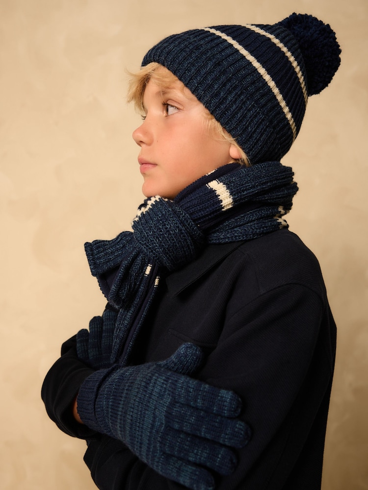 Blue/White Stripe Hat Scarf & Gloves Set 3 Piece (3-16yrs) - Image 2 of 6