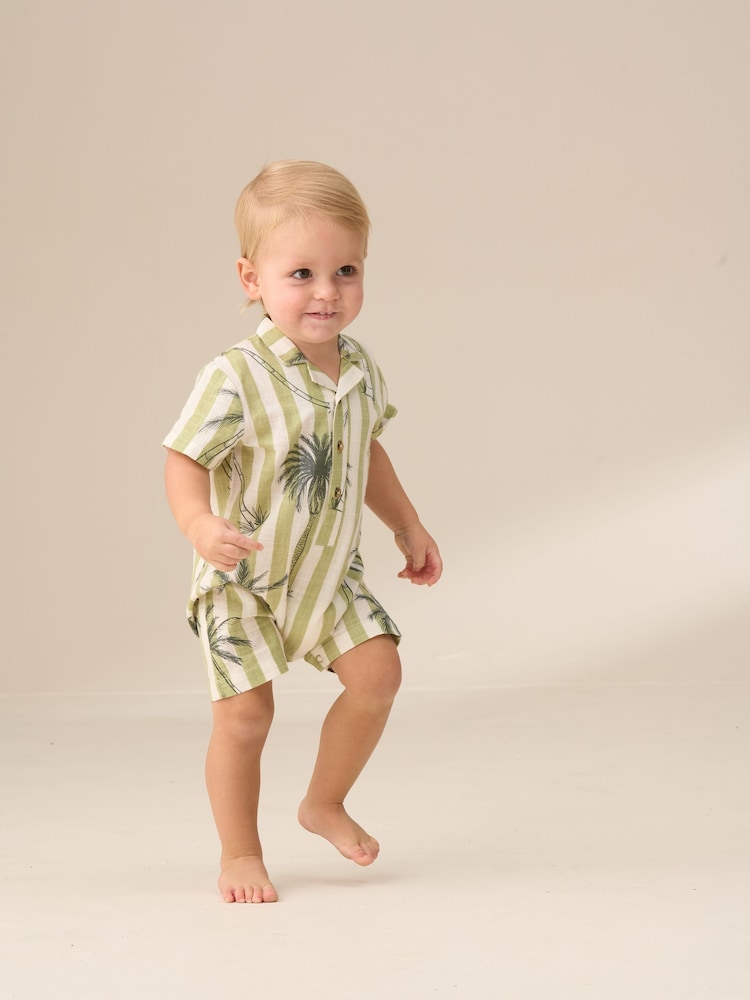 Angel & Rocket Green Jamie Palm Printed Collar 100% Cotton Romper - Image 2 of 7