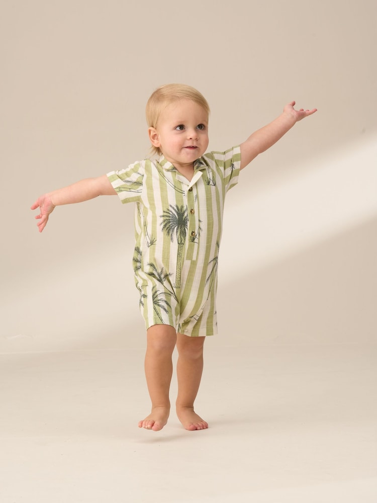 Angel & Rocket Green Jamie Palm Printed Collar 100% Cotton Romper - Image 3 of 7
