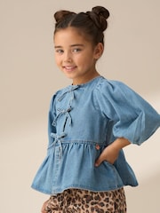 Angel & Rocket Blue Rochelle Denim Peplum Bow 100% Cotton Top - Image 1 of 8