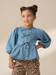 Angel & Rocket Blue Rochelle Denim Peplum Bow 100% Cotton Top - Image 2 of 8
