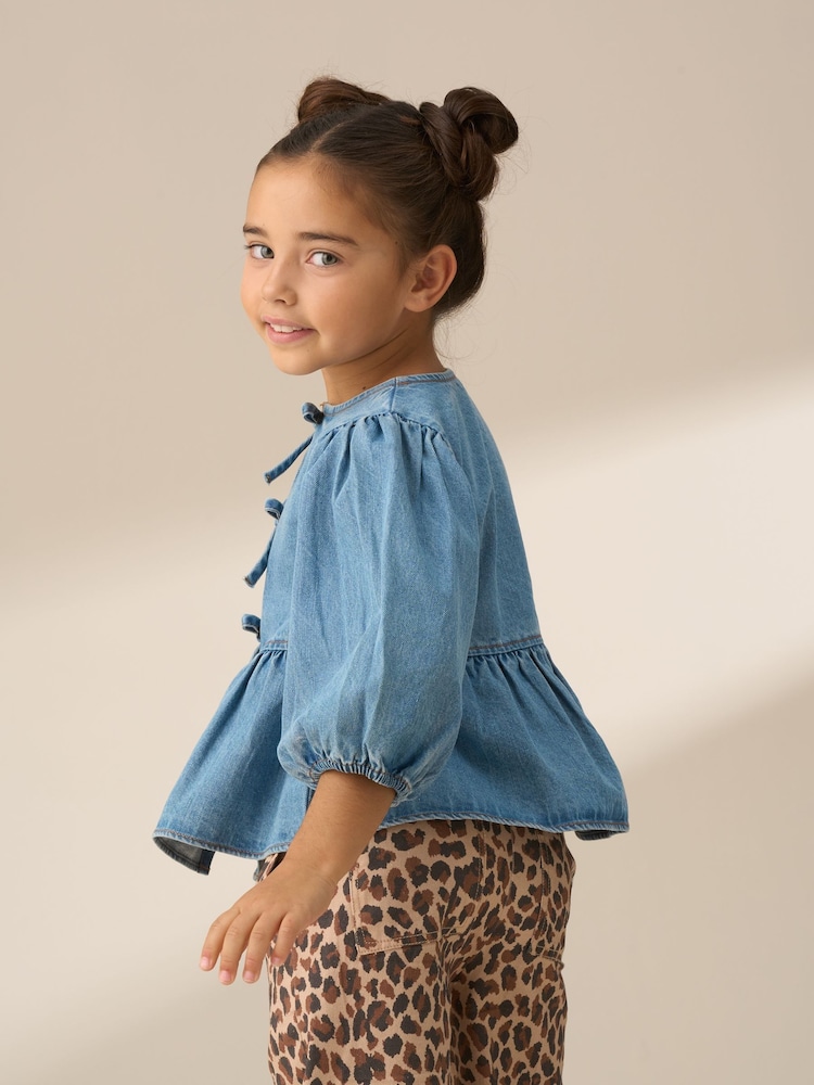 Angel & Rocket Blue Rochelle Denim Peplum Bow 100% Cotton Top - Image 3 of 8