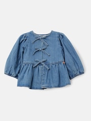 Angel & Rocket Blue Rochelle Denim Peplum Bow 100% Cotton Top - Image 6 of 8
