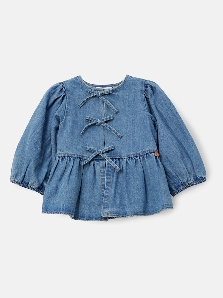 Angel & Rocket Blue Rochelle Denim Peplum Bow 100% Cotton Top - Image 6 of 8