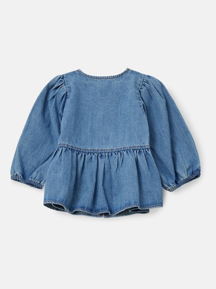 Angel & Rocket Blue Rochelle Denim Peplum Bow 100% Cotton Top - Image 7 of 8