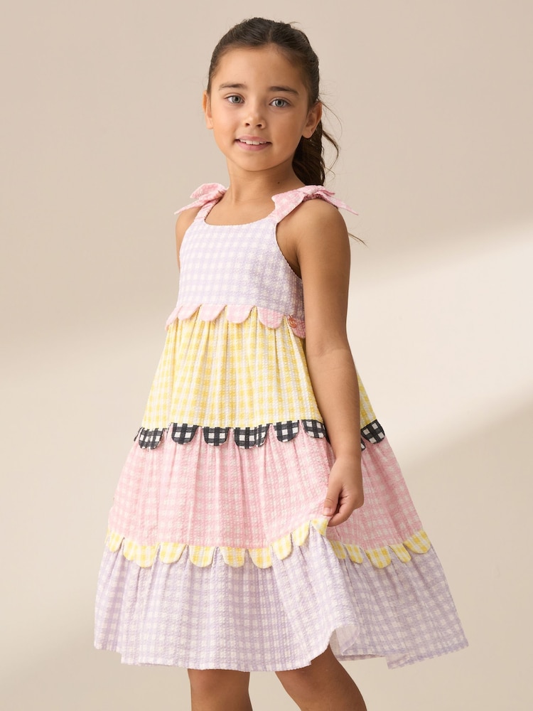 Angel & Rocket Pink Bianka Multi Mixed Check Tiered 100% Cotton Sundress - Image 1 of 8