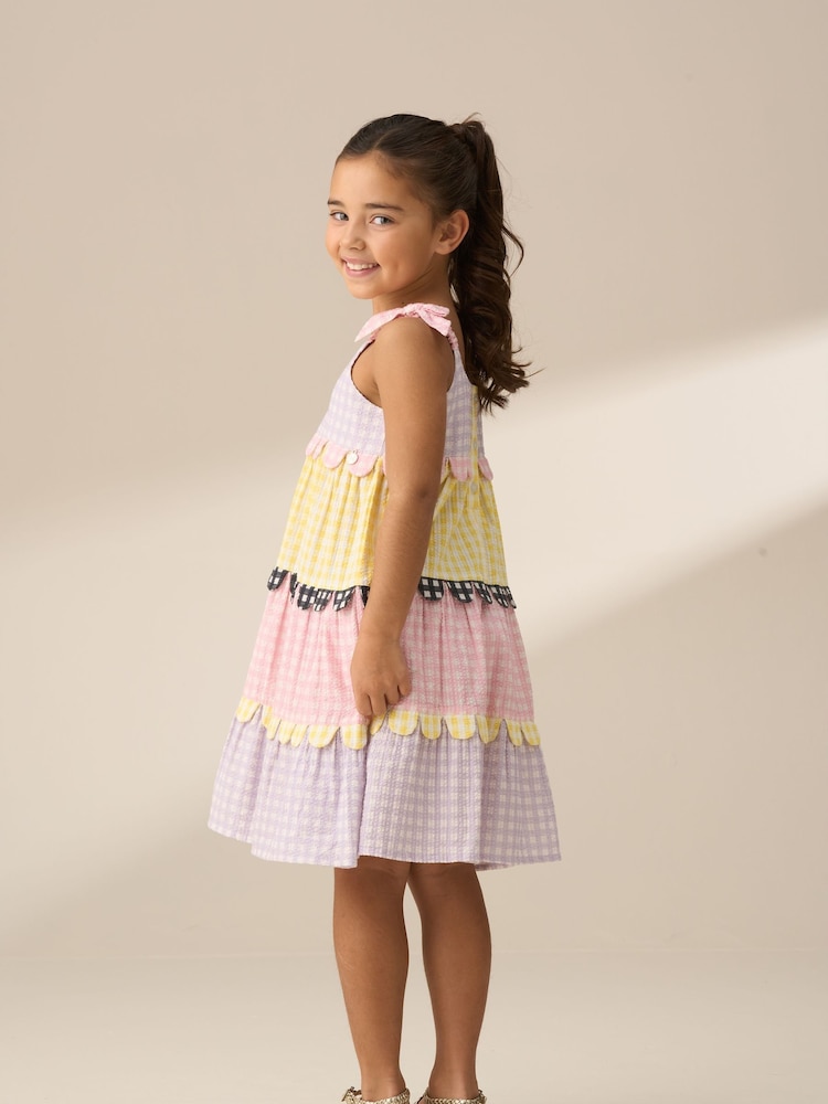 Angel & Rocket Pink Bianka Multi Mixed Check Tiered 100% Cotton Sundress - Image 2 of 8