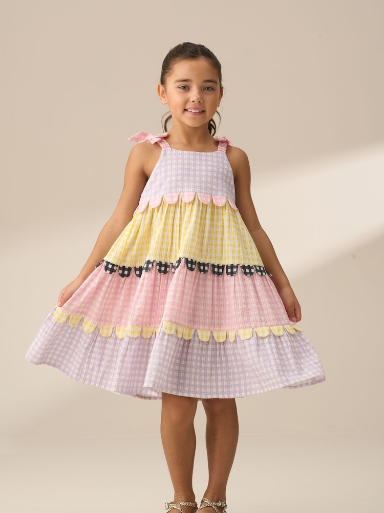 Angel & Rocket Pink Bianka Multi Mixed Check Tiered 100% Cotton Sundress - Image 3 of 8