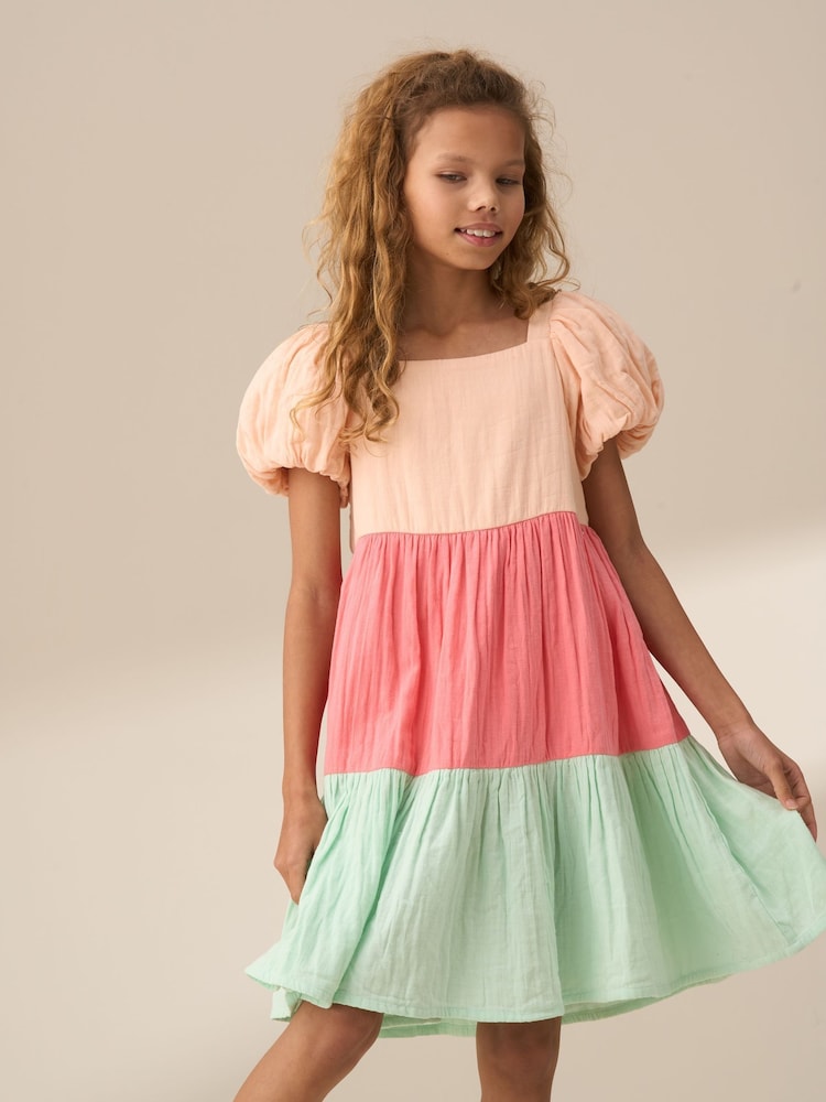 Angel & Rocket Pink Casey Multi Tiered Colourblock 100% Cotton Dress - Image 1 of 8