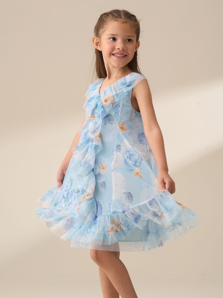 Angel & Rocket Blue Lia Printed Frill Mesh Dress - Image 1 of 7
