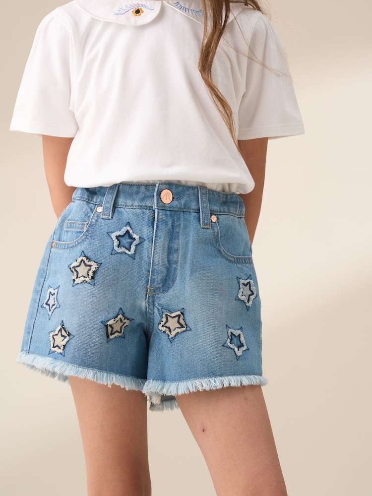 Angel & Rocket Blue Nina Star Applique 100% Cotton Denim Shorts - Image 1 of 7