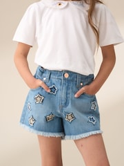 Angel & Rocket Blue Nina Star Applique 100% Cotton Denim Shorts - Image 4 of 7